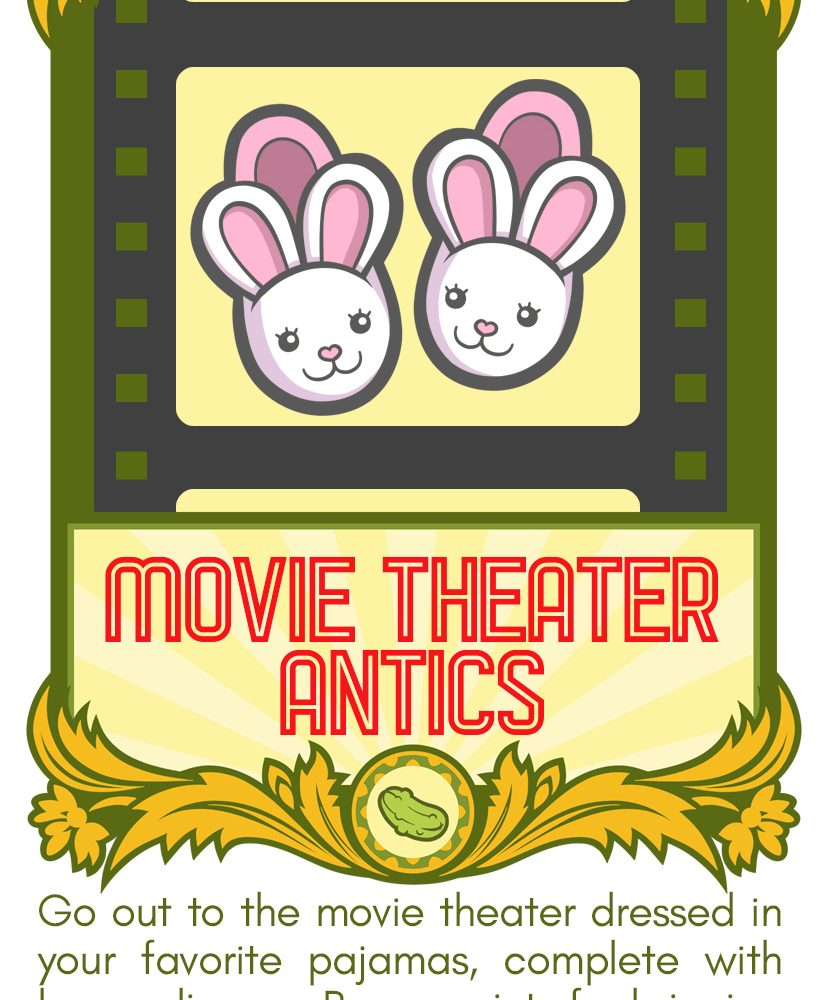 image of a card about going out to the movie theaters dressed in your favorite pajamas, complete with bunny slippers
