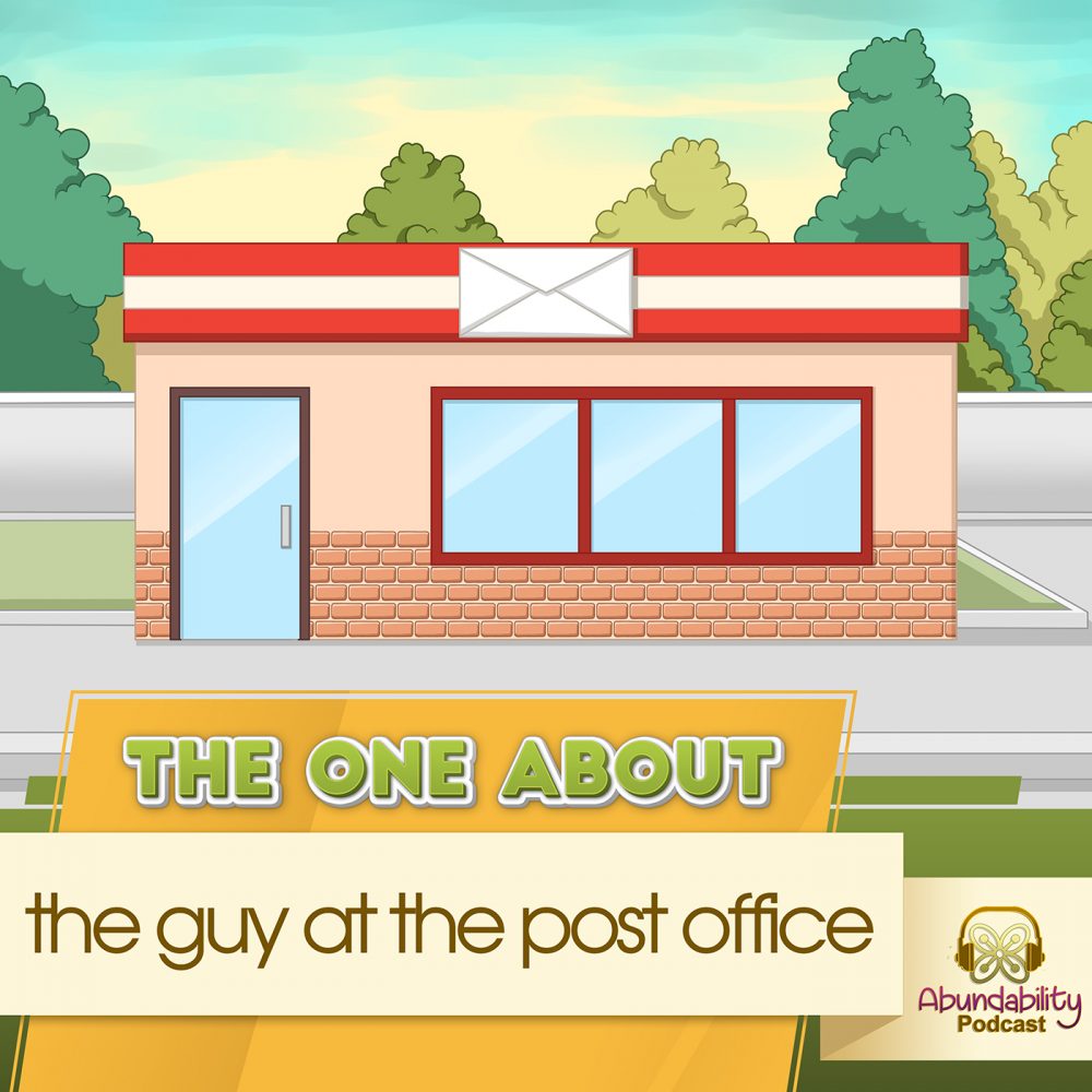 image of a post office with trees behind and with the text "THE ONE ABOUT the guy at the post office" written below